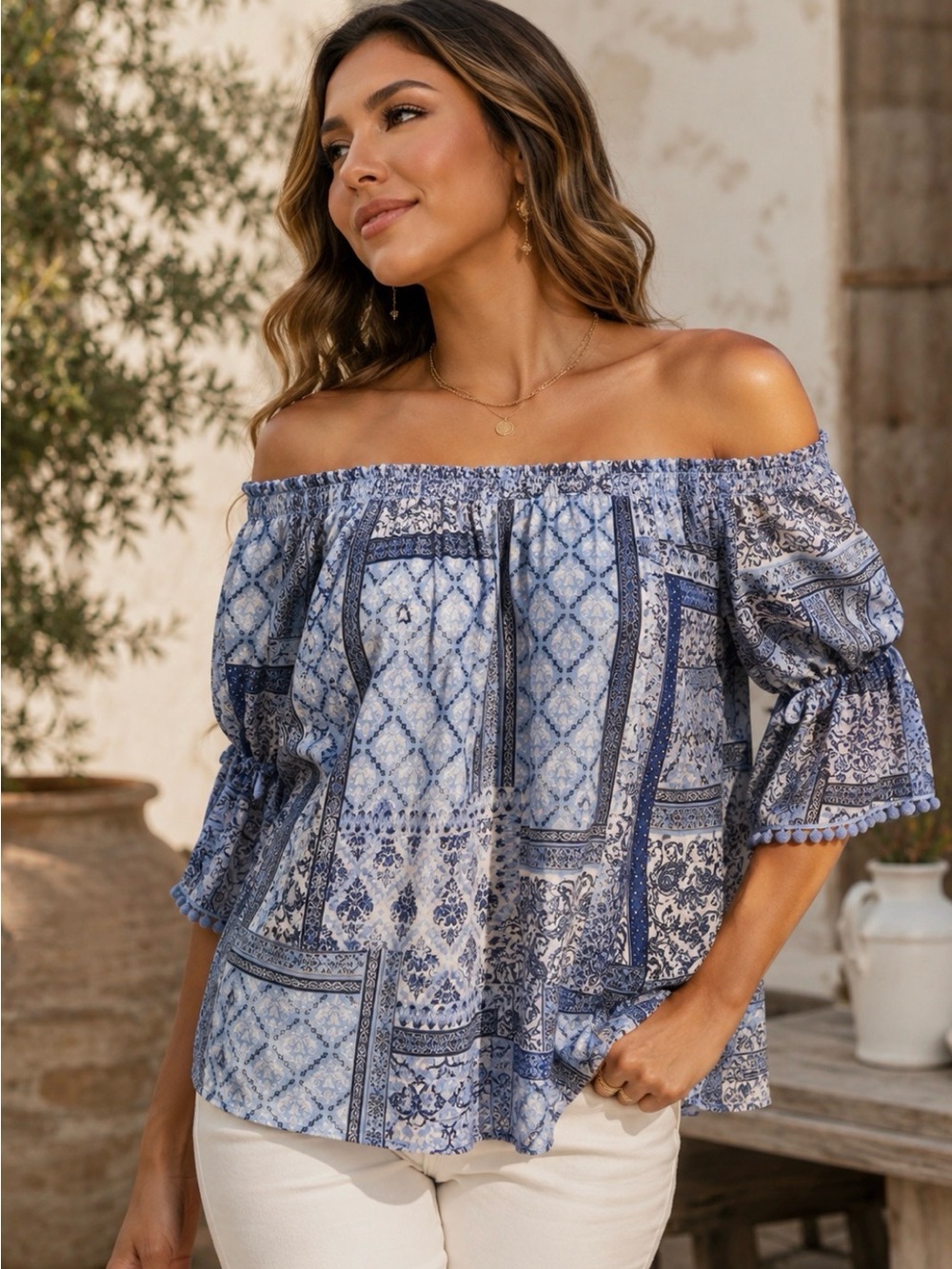 🦋💐Westport Blue Patchwork Off-Shoulder Tunic